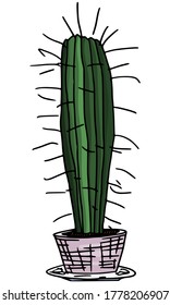 long cactus in a pot on a plate. Doodle sketch vector.