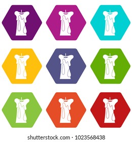 Long candle icon set many color hexahedron isolated on white vector illustration