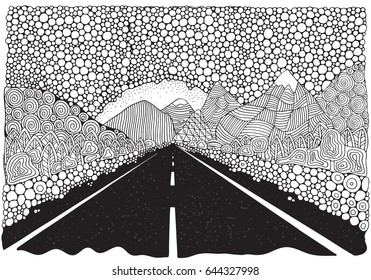 Larga carretera de auto extendiéndose a la distancia y las montañas.  Paisaje de Zentangle. Página de libro anti estrés coloreado para adultos. Ilustración vectorial en blanco y negro. Arte zen, estilo doodle.