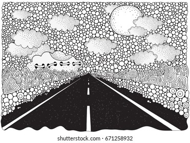 Long car highway stretching into the distance.  Doodle landscape. Anti stress Coloring Book page for adult. Black and White vector illustration. Zen Art, doodle style.
