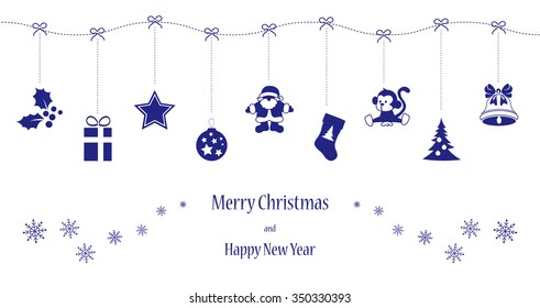 Long card with hanging elements in blue color for Merry Christmas and Happy New year