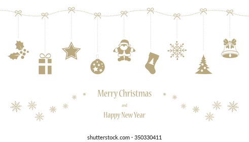 Long card with hanging elements in gold color for Merry Christmas and Happy New year