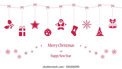 Long card with hanging elements in rose color for Merry Christmas and Happy New year