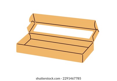 Long cardboard box for take-away food. Open empty package for takeout sushi delivery. Paperboard pack, disposable container for takeaway meal. Flat vector illustration isolated on white background