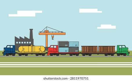 Long cargo freight train transporting fuel, containers, and bulk cargo, with a factory and a crane in the background.