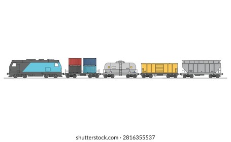 Long cargo train consisting of a blue locomotive, container flatbeds, tank wagon, hopper, and open wagon.