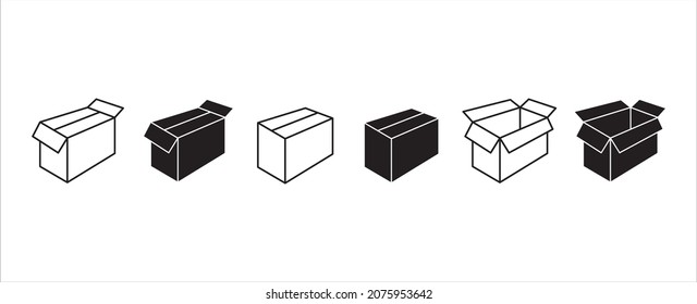 Long carton box icon set. Cardboard box vector icons set. Opened and closed carton box. Assorted delivery packaging, symbol of shipping transportation. Simple isometric flat line illustration.