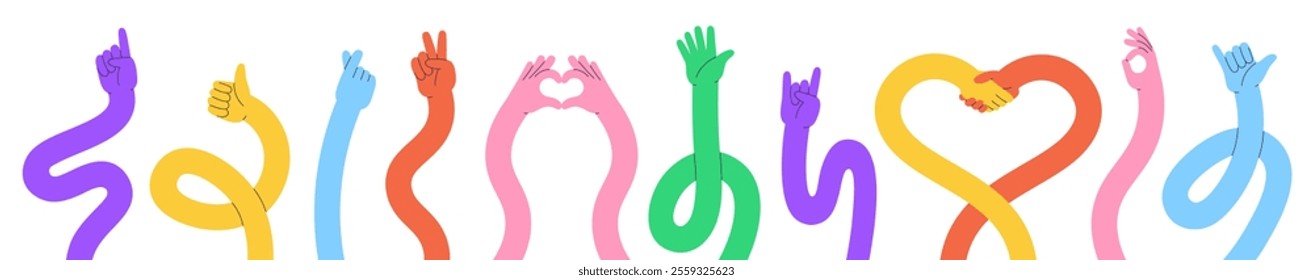 Long cartoon hands. Flexible cartoon hand show different positive gestures. Thumb up, victory heart ok signs. Stretched bright arms racy vector set