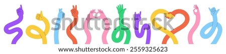 Long cartoon hands. Flexible cartoon hand show different positive gestures. Thumb up, victory heart ok signs. Stretched bright arms racy vector set