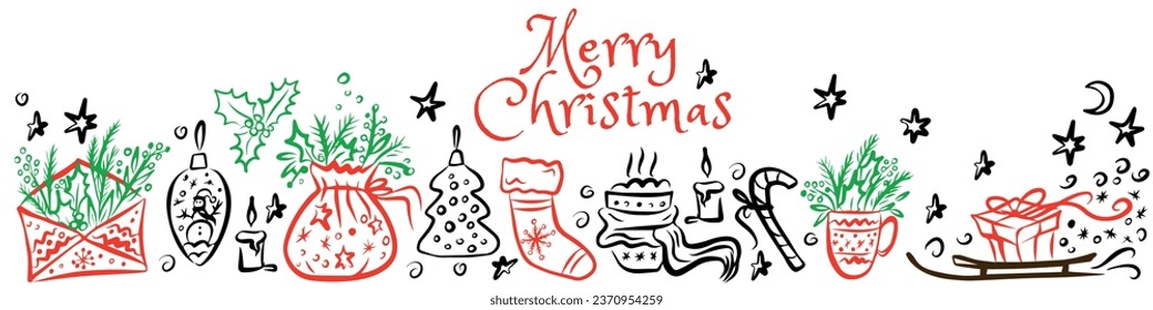 Long Christmas banner - Christmas cup, gift box, Santa Claus bag, sock ball on white background. Hand drawn style. Vector illustration. Merry Christmas. New Year.