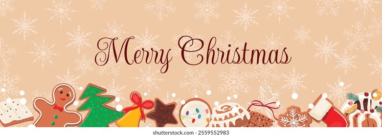 Long Christmas banner with festive baking items like gingerbread, cookies, and cakes on a brown snowflake background