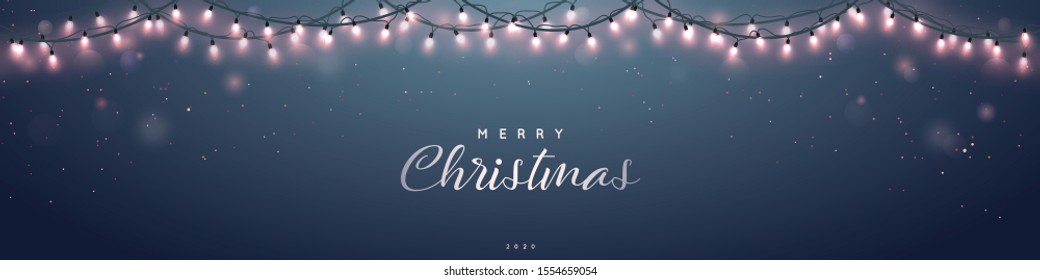 Long Christmas banner. Festive sparkling lights garland. Vector design template for website headers. 