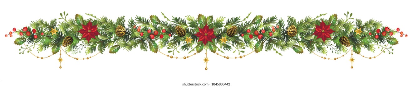 Long Christmas fir garland with poinsettia flower and red berries. Vector illustration.