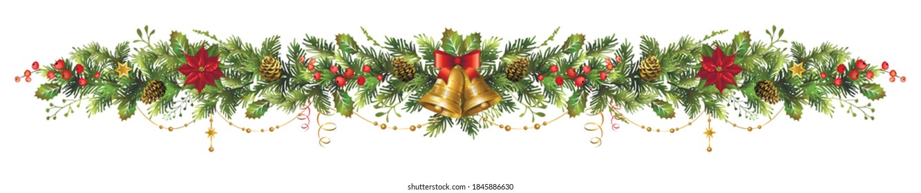 Long Christmas Garland Golden Bells Poinsettia Stock Vector (Royalty Free) 1845886630 | Shutterstock