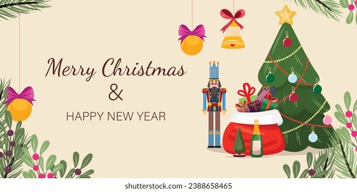 Long Christmas and Happy New Year banner with nutcracker, Christmas tree, bag filled with gift boxes and bottle of champagne
