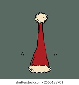 Long Christmas hat vector card with doodle object for holiday design, Red Santa hat hand drawn