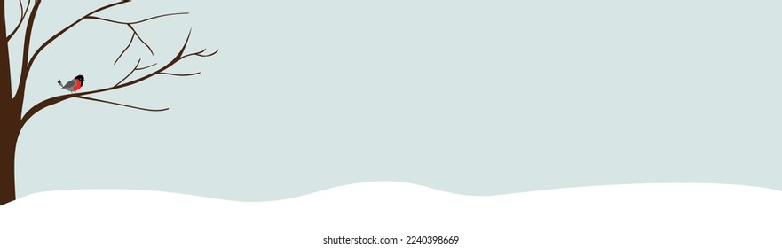 Long Christmas New years banner with winter forest scene. Tree red robin bird snow blue sky. Template with copy space