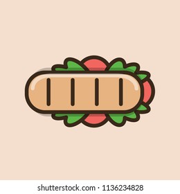 Long ciabatta sandwich with meat and salad leaves. Colorful isolated vector icon in flat style with outline for your project