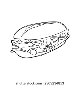 Un sándwich de ciabatta largo al estilo de un boceto. Ilustración vectorial.