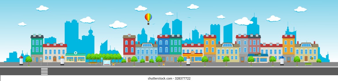 Long city street with various urban buildings, houses, shops, cafes, trees and facilities