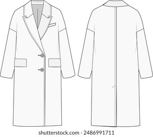 Long coat. Fashion illustration vector design template featuring two button closure, wool trench formal jacket.