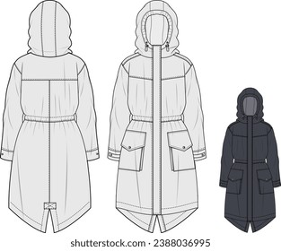 Ｗomen's long coat,Fashion Illustration, Vector, CAD, Technical Drawing, Flat Drawing, Template, Mockup