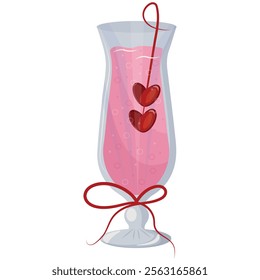 long cocktails glass icon with pink drink and berries in the shape of hearts and red bow, design for valentine's day