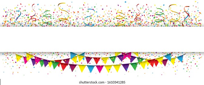 Long colored confetti with, festoons and white paper banner. Eps 10 vector file.