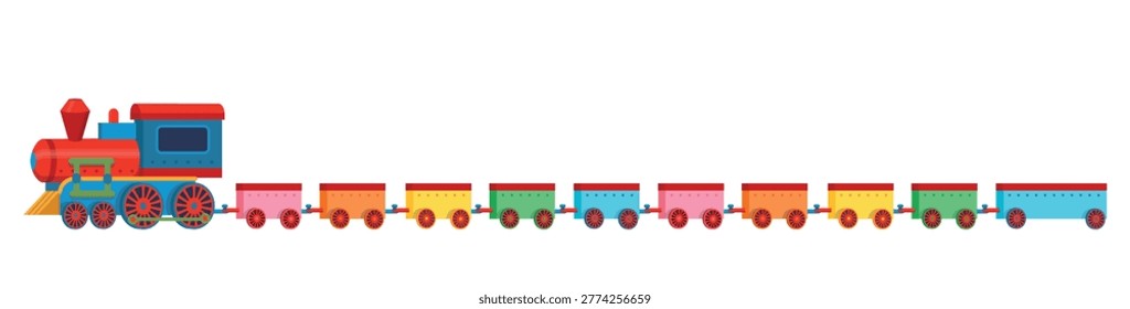 Long colorful cartoon train with multiple wagons isolated on white background. Fun transportation illustration for kids, perfect for educational materials, posters, games, and nursery design.