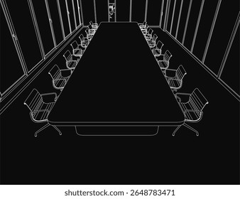 Uma longa mesa de conferências com cadeiras circundantes esboçadas em preto e branco se posiciona contra um fundo escuro, ideal para conceitos de sala de reuniões. O desenho minimalista enfatiza as linhas limpas.