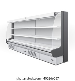 Long Cooled Regal Rack Refrigerator Wall Cabinet Blank Empty Showcase Displays. Retail Shelves. 3D Products On White Background Isolated. Mock Up Ready For Your Design. Product Packing. Vector EPS10