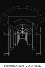 Um corredor longo com arcos e pilares elegantes se estende até a distância, iluminado por um grande lustre. O desenho em preto e branco captura detalhes arquitetônicos intrincados e dramáticos.
