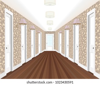 Long corridor with rows of closed doors. Concept of infinite opportunities for success and toughness of choice. 3d rendering. Hallway illustration