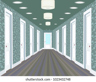 Long corridor with rows of closed doors. Concept of infinite opportunities for success and toughness of choice. Hallway illustration