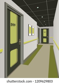 Long corridor with rows of closed doors. Concept of infinite opportunities for success and toughness of choice. 3d rendering. Hallway illustration