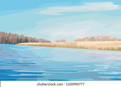 Long crystal clear coast and smooth blue lake in front of view