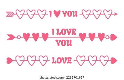 Long cupid's arrows with hearts, design elements for Valentine's day and wedding, vector eps10 illustration