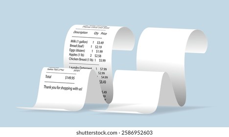 A long curled shopping receipt with itemized prices and total cost on a light blue background. The paper roll forms smooth curves. Concept of expenses and retail. Vector illustration