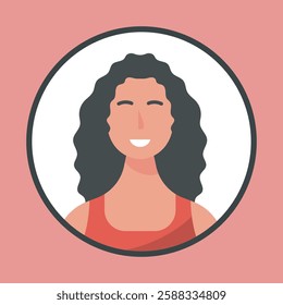 long curly hair woman in circle frame with outline flat vector design.