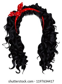 long curly hairs  brunette black  dark colors. beauty fashion style. wig. Red bow
