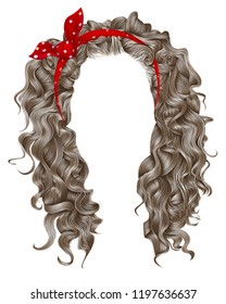 long curly hairs  with red bow. light blond colors. beauty fashion style.