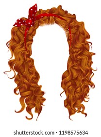 long curly hairs with red bow.   ginger redhead  colors  .  beauty fashion style . wig .