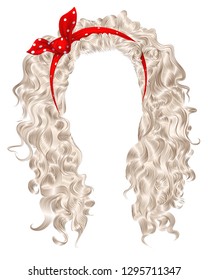 long curly hairs  with red bow. light blond  colors .beauty fashion style .