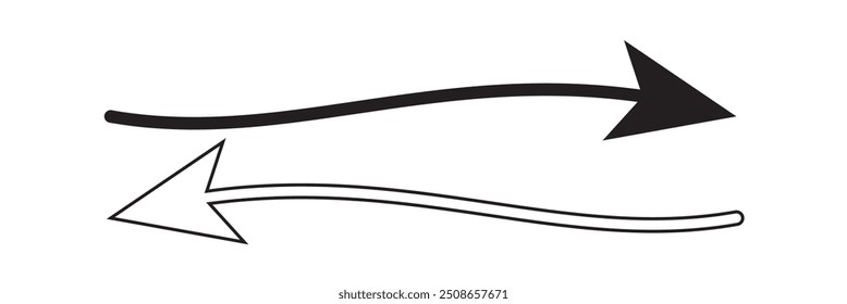 Lang gekrümmter Pfeil-Icon-Vektor. Schwarzer langer Pfeilvektor. flaches Pfeilsymbol. Schwarze Silhouette eines Pfeils auf weißem Hintergrund. Vektorgrafik.
