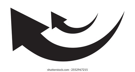 Lang gekrümmter Pfeil-Icon-Vektor. Schwarzer langer Pfeilvektor. flaches Pfeilsymbol. Schwarze Silhouette eines Pfeils auf weißem Hintergrund. Vektorgrafik. 333