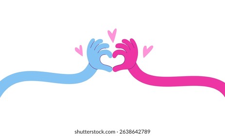 Long curved hands show heart. Cartoon flexible hand comic cartoon style. Love, romantic banner. Charity, support, help metaphor, neoteric vector design