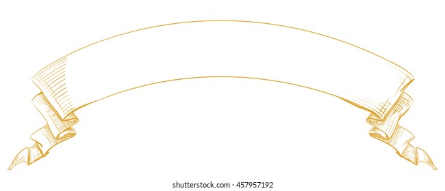 Long curved semicircle arc strip, sketch hand-drawn lines and strokes tape with curly edges. Decorative retro ribbon with empty space for title writing. Sepia, brown vector isolated element for design