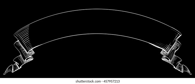 Long curved semicircle arc strip, sketch hand-drawn white lines and strokes tape with curly edges. Decorative retro ribbon with empty space for title writing, vector element for design, inversion