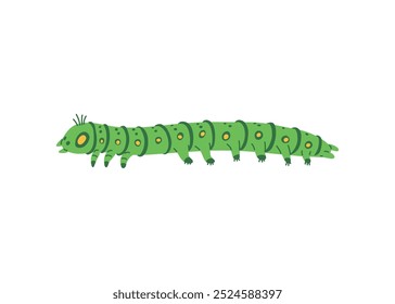 Long cute green caterpillar crawls. Striped, spotted insect with many legs and mandibles. Centipede. Pest of fruit plants. Side view. Cartoon style. Vector illustration isolated on a white background.