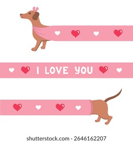 long dachshund, i love you card. Vector Illustration for printing, backgrounds, covers and packaging. Image can be used for greeting cards, posters, stickers and textile. Isolated on white background.